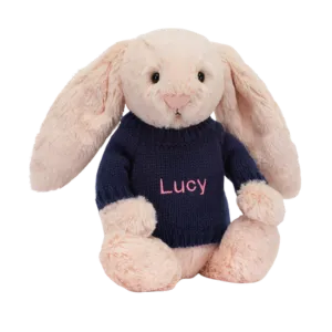 Bashful Blush Bunny with Personalised Navy Jumper