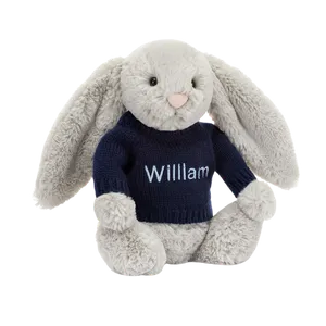 Bashful Silver Bunny with Personalised Navy Jumper