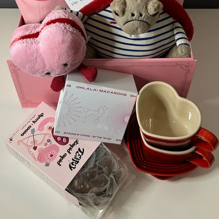 Collection of pink Jellycats in the PR box